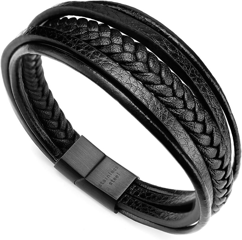 Murtoo Mens Leather Bracelet with Clasp Cowhide Multi-Layer Braided Leather Mens Bracelet - Image 1